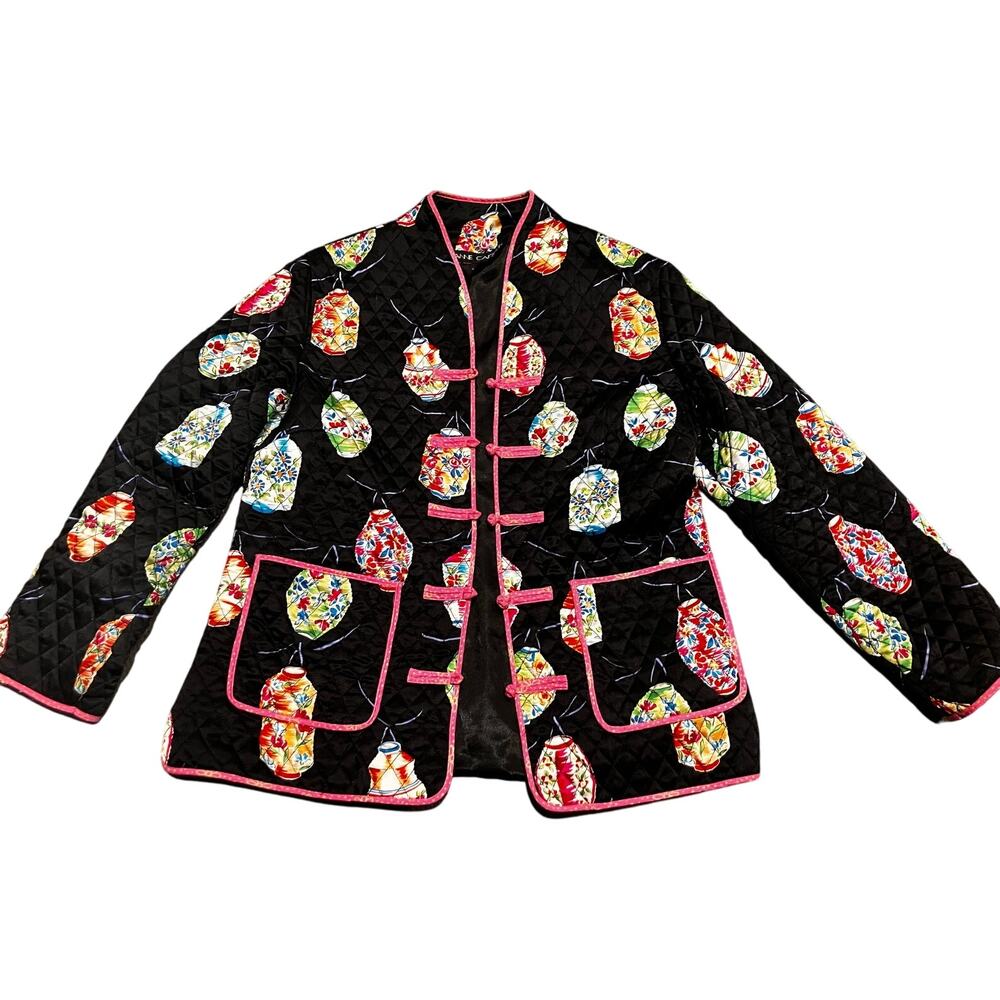 Anne Carson‎ Women's Large Quilted Black Pink Silk Jacket Lined Lantern Asian
